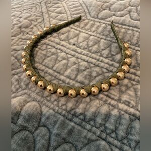 Anthropologie Olive Green Satin Ribbon Wrapped Gold Ball Headband.